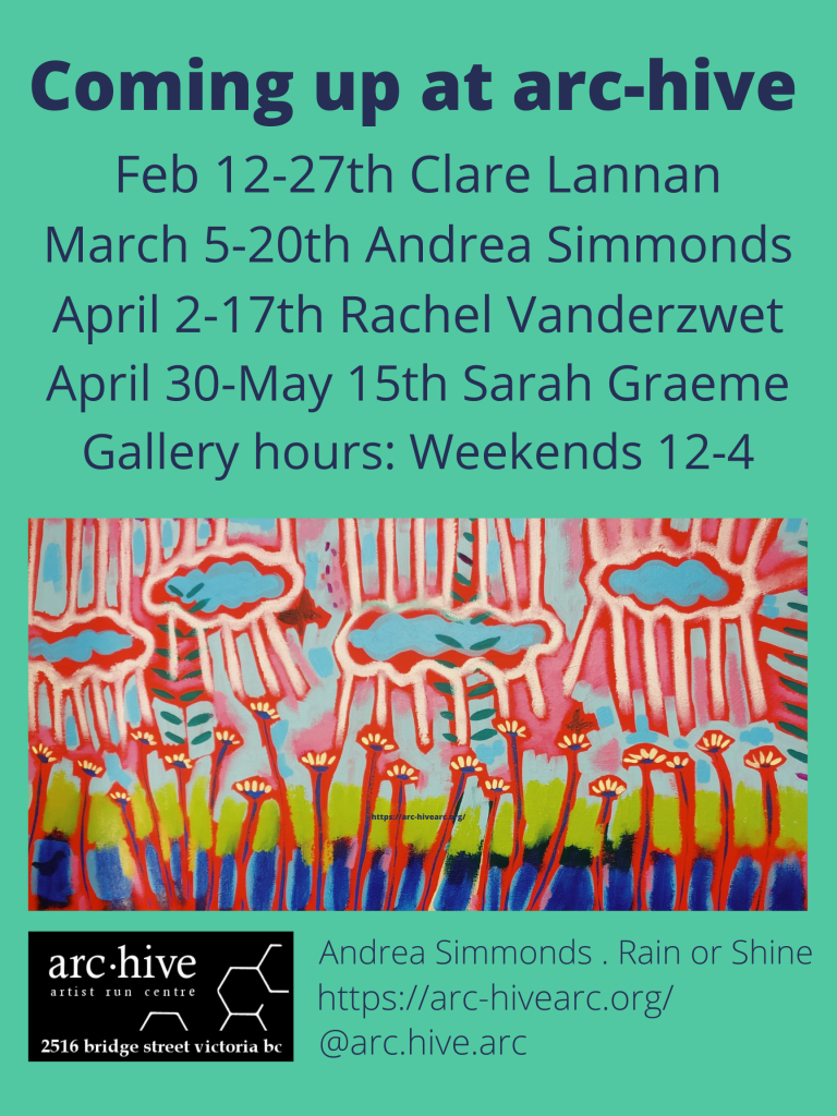 Blue text on green background says, Coming up at arc-hive, Feb 12-27th Clare Lannan, March 5-20th Andrea Simmonds, April 2-17th Rachel Vanderzwet, April 30-May 15th Sarah Graeme, Gallery hours: Weekends 12-4. Below the text is a painting of clouds and flowers with lots of read, blue and green. Below the image it says, Andrea Simmonds, Rain or Shine. https://arc-hivearc.org/ @arc.hive.arc
