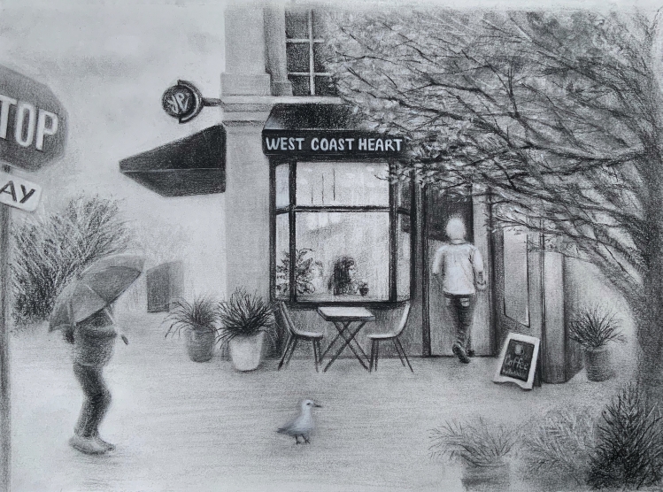 Charcoal on paper, drawing of a store front, the store sign reads “West Coast Heart.” A person is walking through the front door, a folding sign propped against it reading “Coffee.” Out front is a table and two chairs and potted plants. On the right side of the image is a large tree in the foreground with more large potted plants by its trunk. In front of the store on the sidewalk is a bird in the centre and on the left a person walking with an umbrella. 
